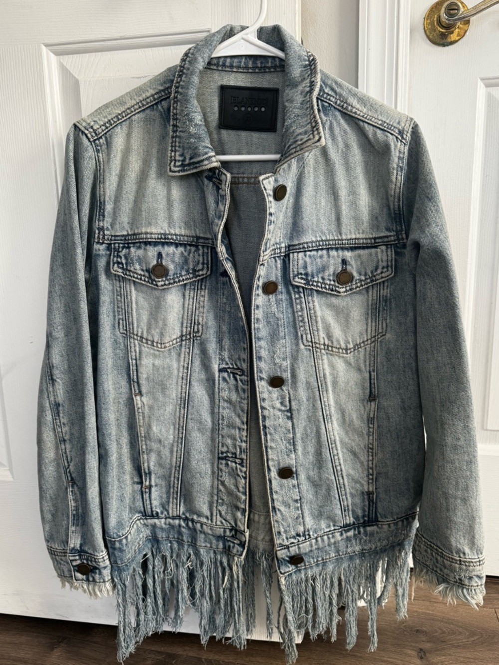 Blank NYC Light Blue Denim Jacket with Black Leather Patch